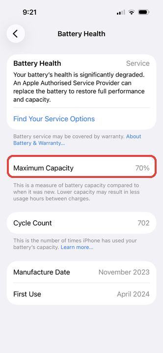 Battery Health screen