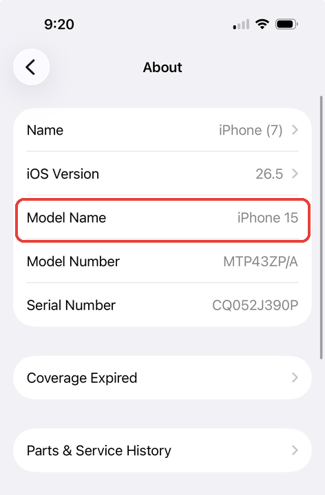 iPhone Settings About screen